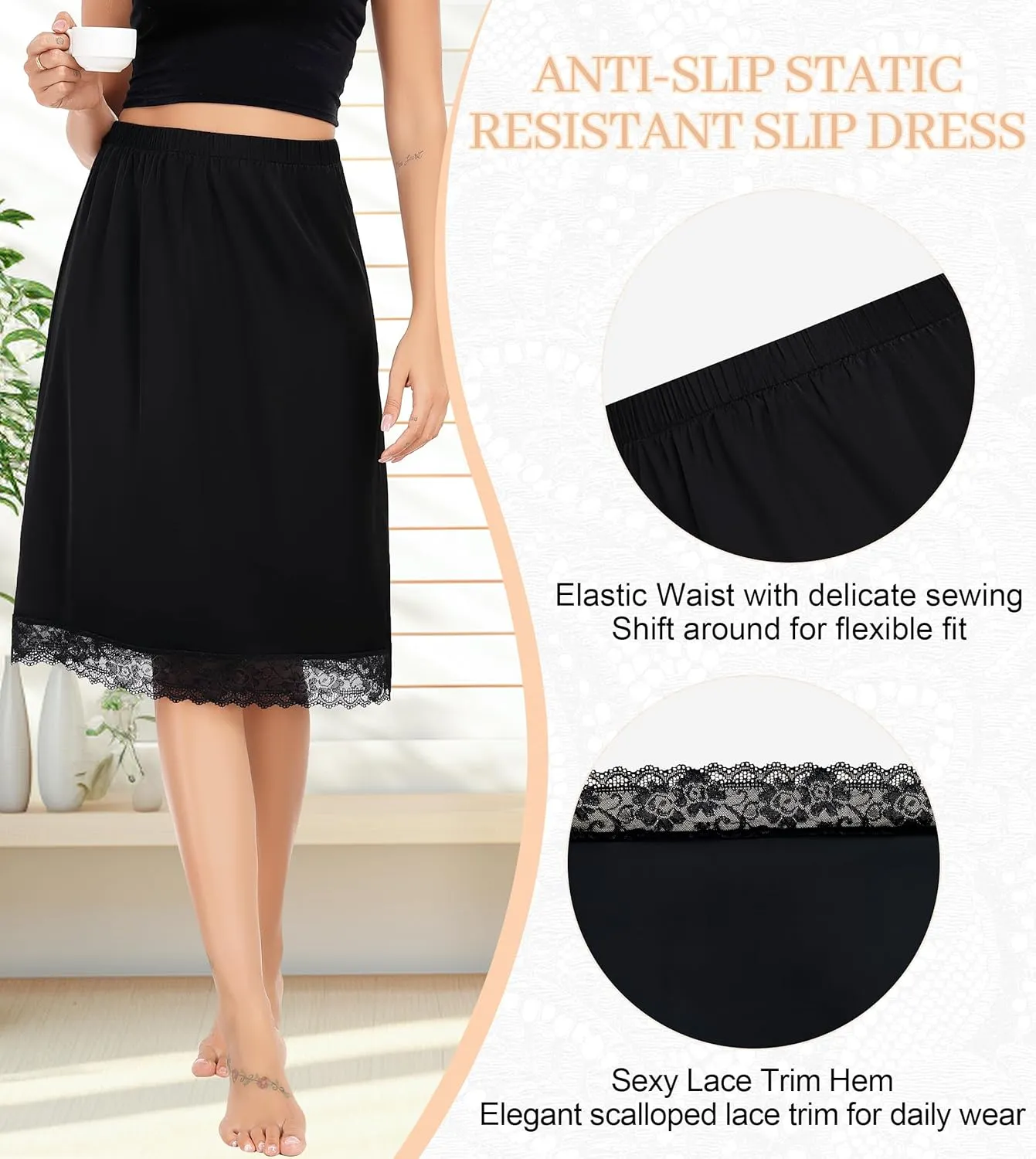 Lovasy 2 Pieces Half Slips for Women Long Underskirt Satin Slip Dress with Floral Lace Trim Slips for Skirts Dresses S-3XL