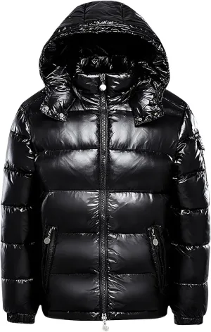 Mens Shiny Puffer Jacket Hooded Down Quilted Insulated Jacket Zip up Padded Coat Glossy Winter Coat Warm Outwear