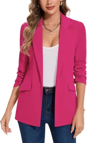 MINTLIMIT Blazer for Women Open Front 3/4 Ruched Sleeve Suit Jacket Notched Collar Casual Work Office Blazers with Pockets