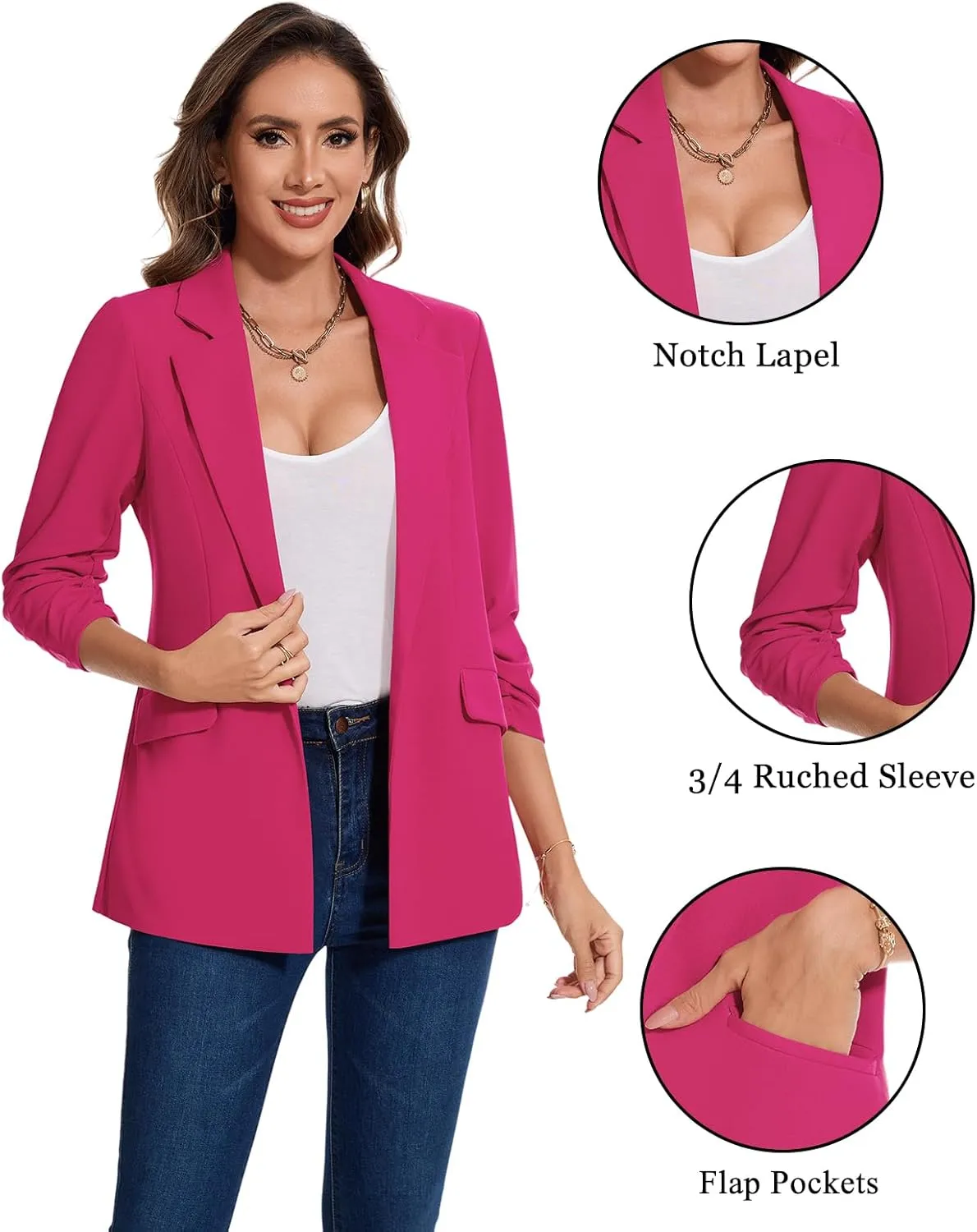 MINTLIMIT Blazer for Women Open Front 3/4 Ruched Sleeve Suit Jacket Notched Collar Casual Work Office Blazers with Pockets