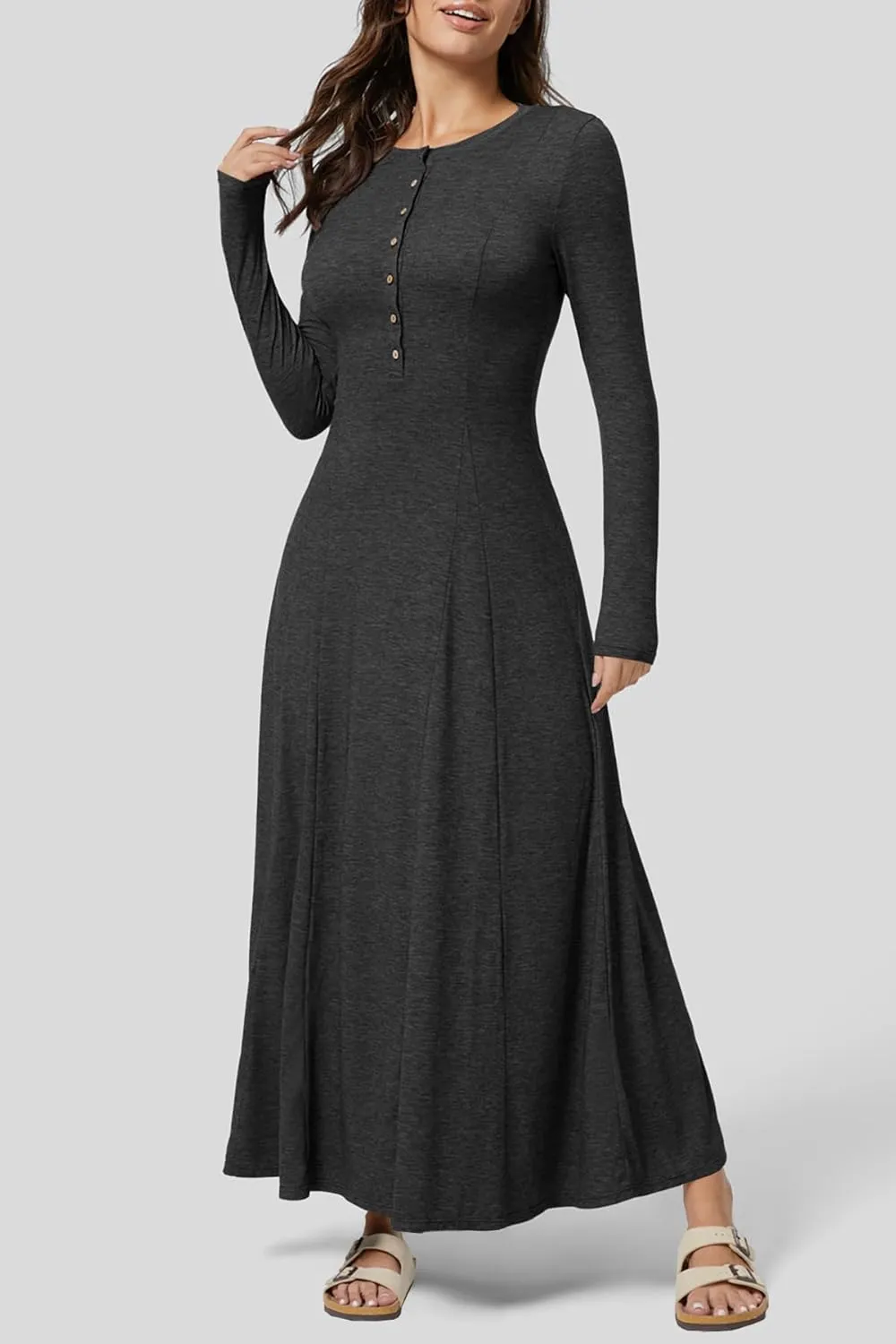 MITILLY Fall Dress for Women 2025 Long Sleeve Maxi Dress Casual Crewneck Button Fit & Flare Flowy Boho Dresses
