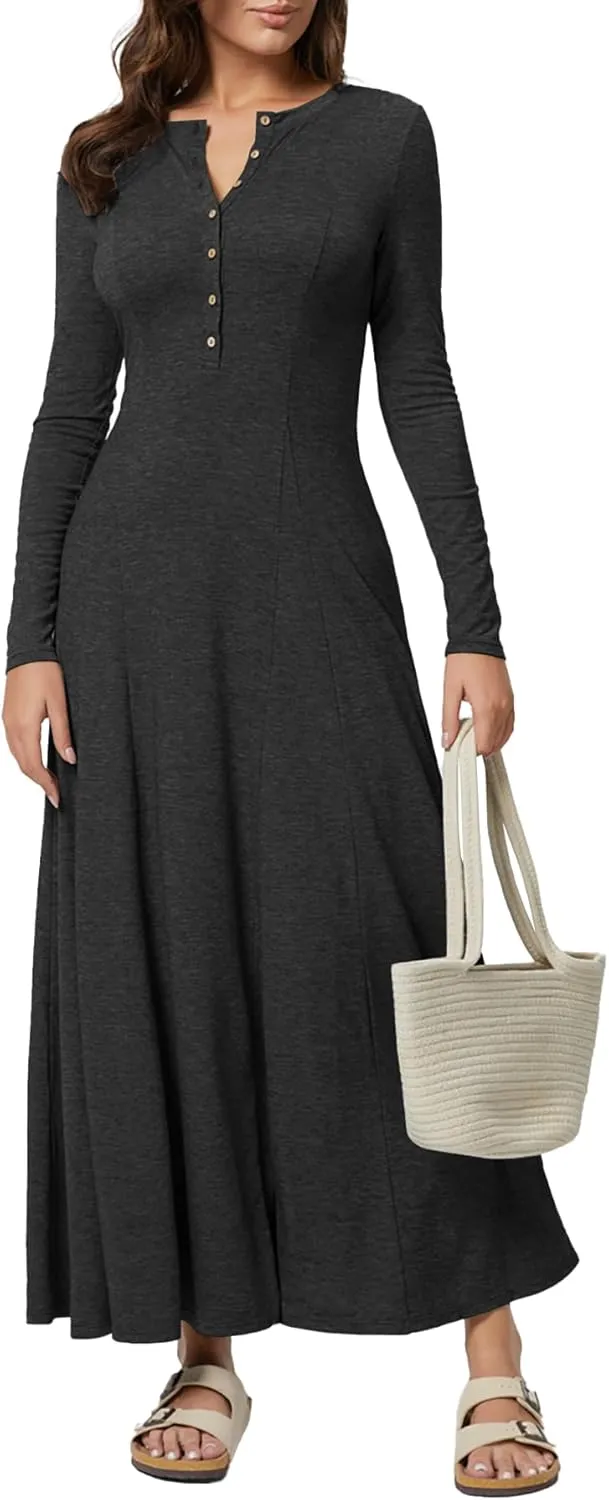 MITILLY Fall Dress for Women 2025 Long Sleeve Maxi Dress Casual Crewneck Button Fit & Flare Flowy Boho Dresses