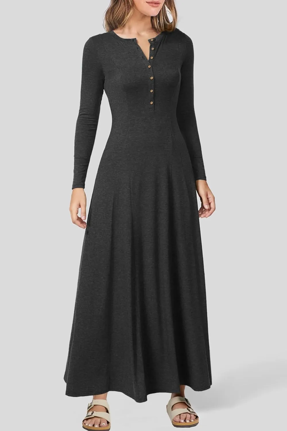 MITILLY Fall Dress for Women 2025 Long Sleeve Maxi Dress Casual Crewneck Button Fit & Flare Flowy Boho Dresses