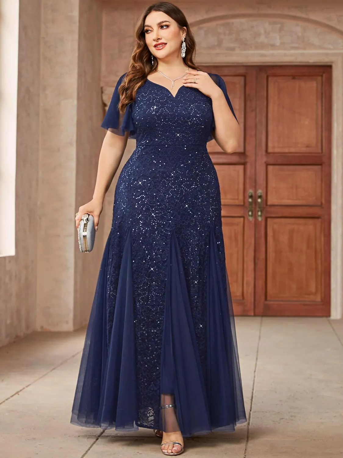 Miusol Women's Plus Size Sequins Lace Tulle Mermaid Hemline Sweetheart V Neck Formal Evening Party Maxi Dress