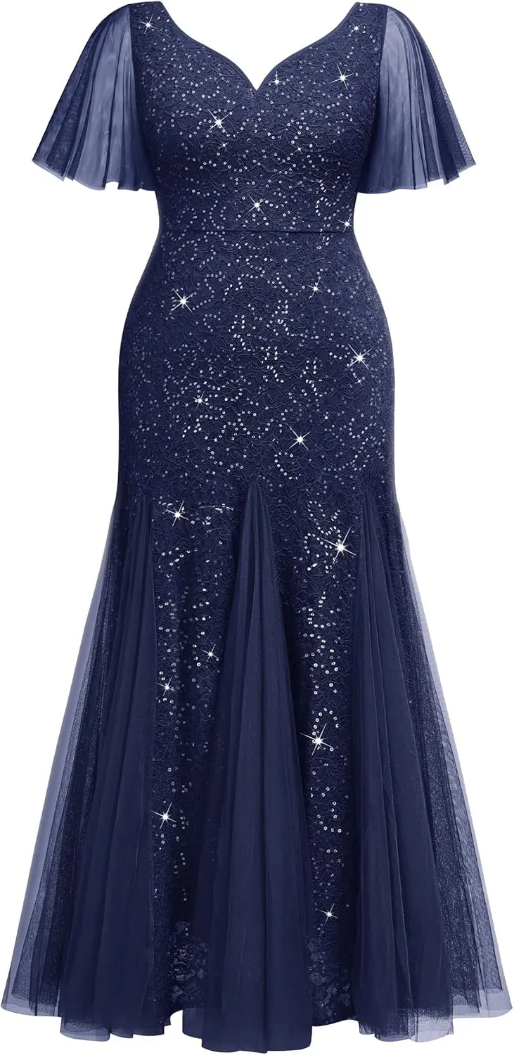 Miusol Women's Plus Size Sequins Lace Tulle Mermaid Hemline Sweetheart V Neck Formal Evening Party Maxi Dress