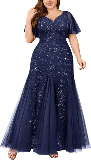 Miusol Women's Plus Size Sequins Lace Tulle Mermaid Hemline Sweetheart V Neck Formal Evening Party Maxi Dress