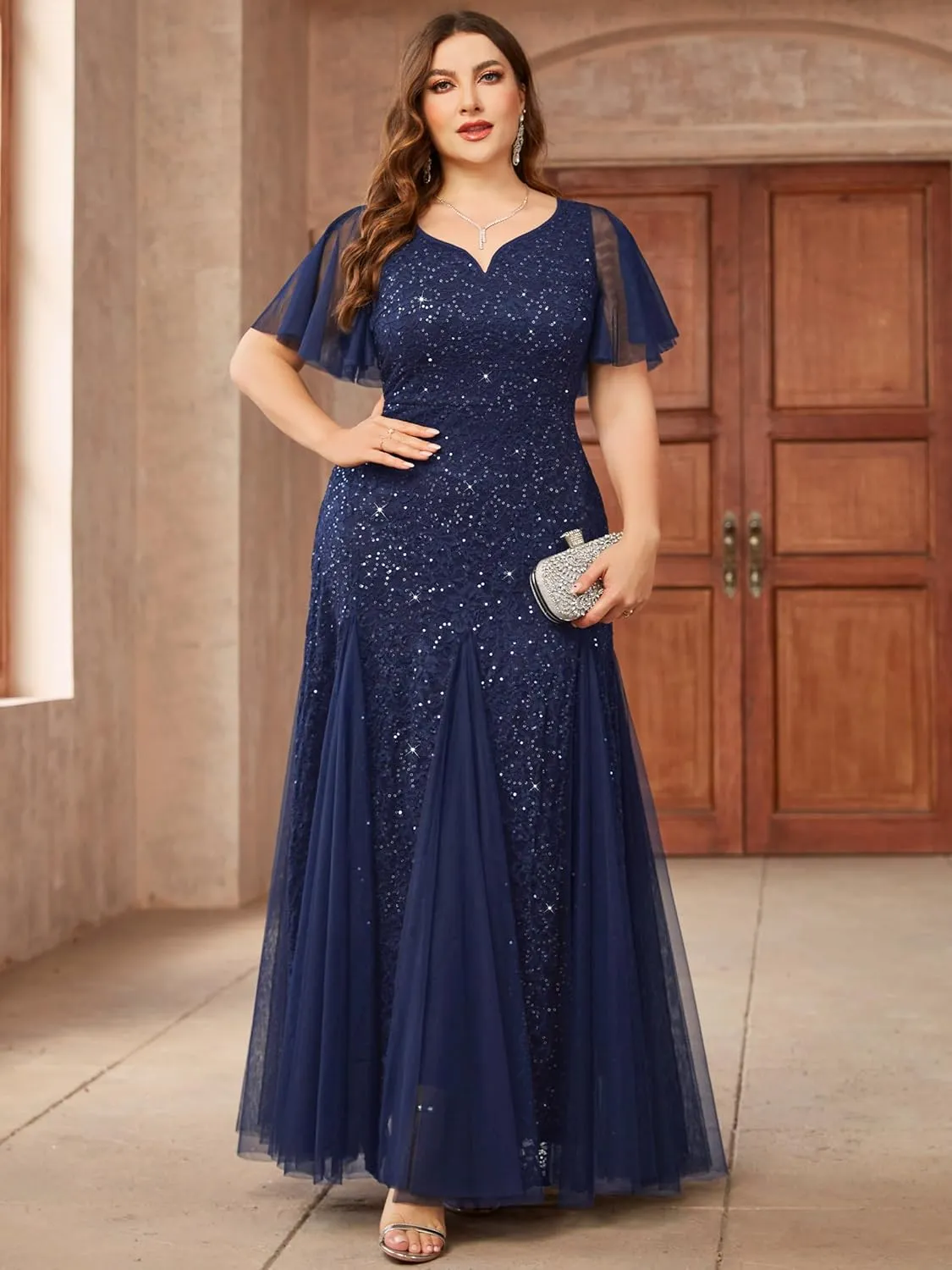 Miusol Women's Plus Size Sequins Lace Tulle Mermaid Hemline Sweetheart V Neck Formal Evening Party Maxi Dress