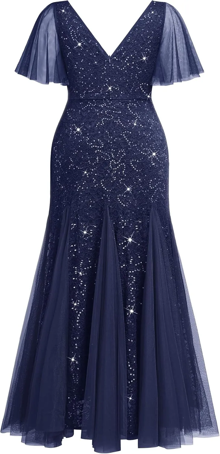 Miusol Women's Plus Size Sequins Lace Tulle Mermaid Hemline Sweetheart V Neck Formal Evening Party Maxi Dress