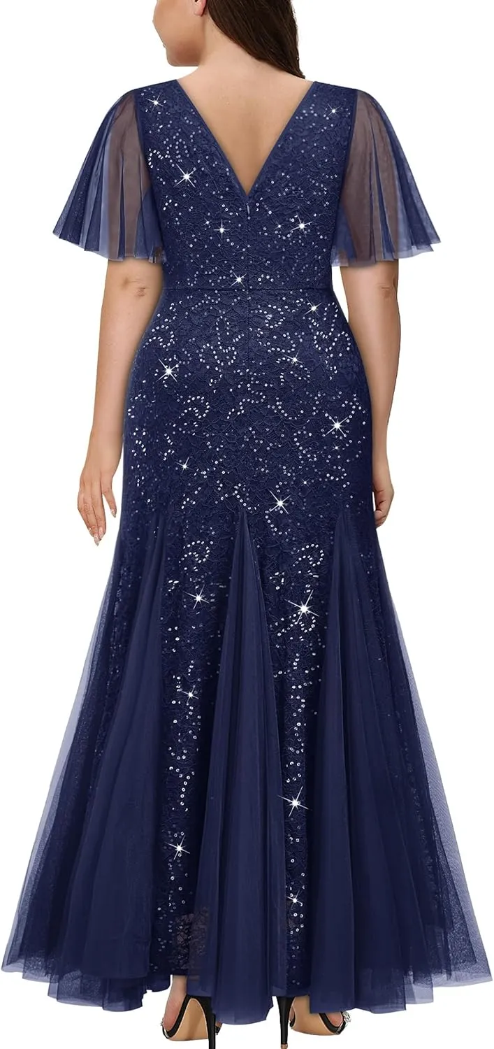 Miusol Women's Plus Size Sequins Lace Tulle Mermaid Hemline Sweetheart V Neck Formal Evening Party Maxi Dress