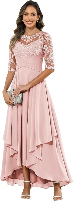 Mother of The Bride Dresses Long Chiffon Half Sleeve Lace Applique Formal Dress for Women