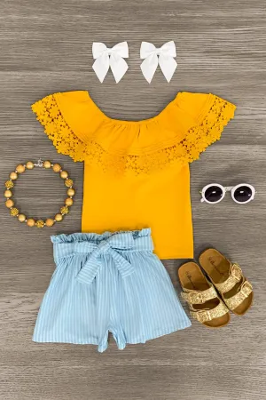 Mustard Floral Lace Stripe Short Set