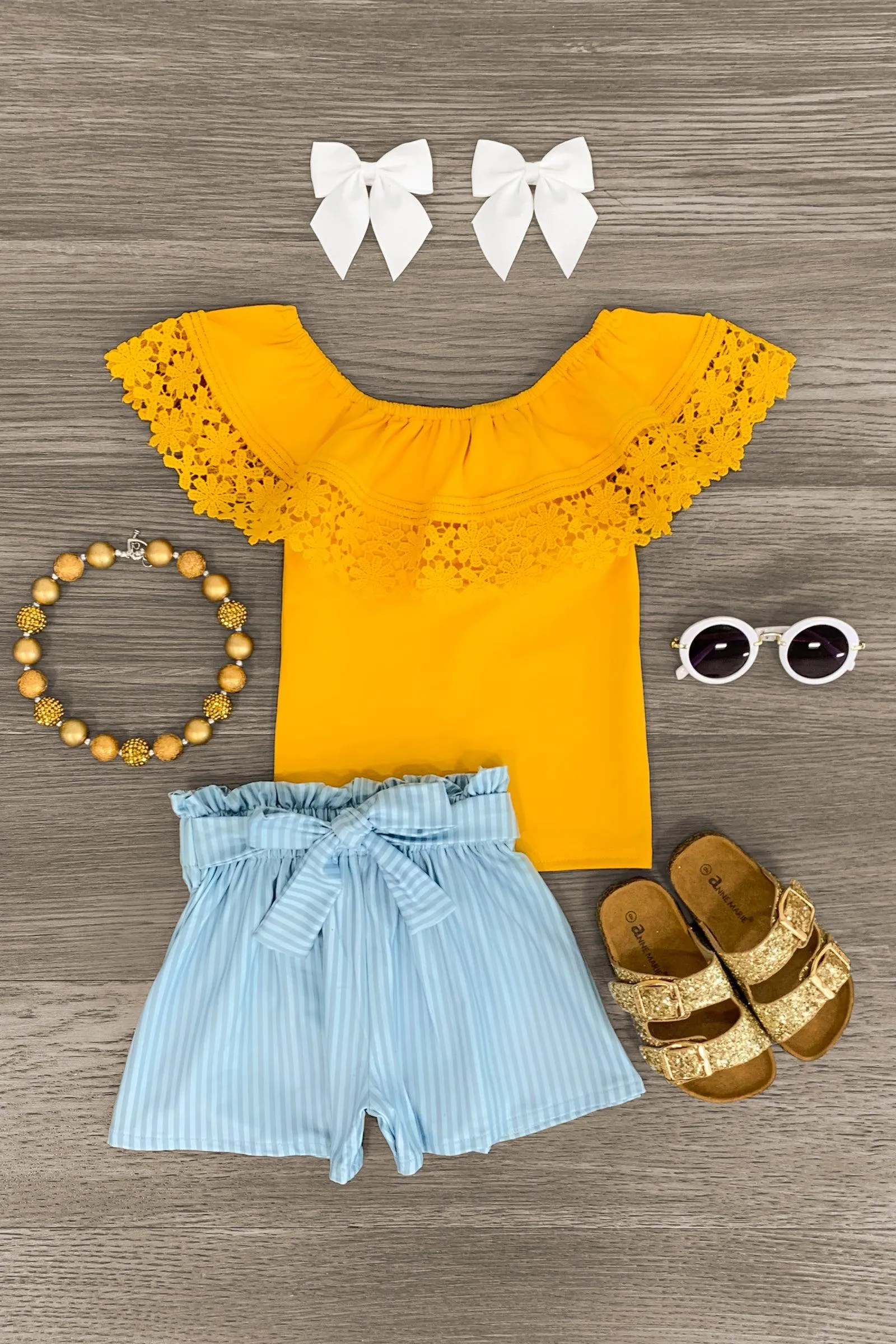 Mustard Floral Lace Stripe Short Set
