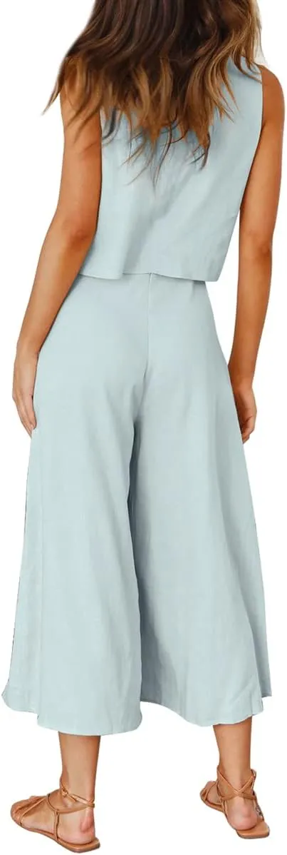 ROYLAMP Women's Summer 2 Piece Outfits Round Neck Crop Basic Top Cropped Wide Leg Pants Set Jumpsuits