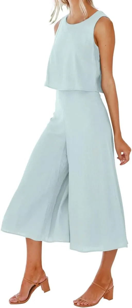 ROYLAMP Women's Summer 2 Piece Outfits Round Neck Crop Basic Top Cropped Wide Leg Pants Set Jumpsuits