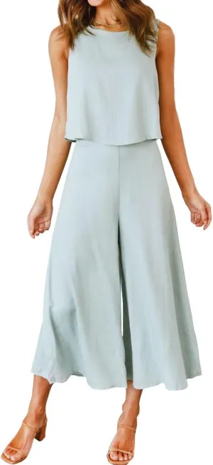 ROYLAMP Women's Summer 2 Piece Outfits Round Neck Crop Basic Top Cropped Wide Leg Pants Set Jumpsuits