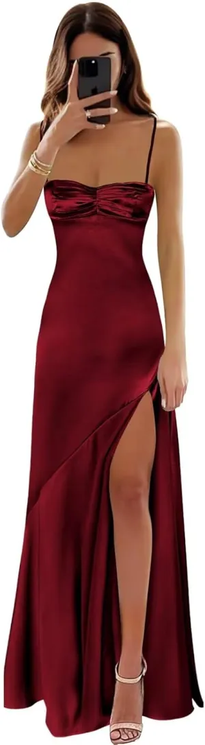 Satin Corset Prom Dresses Long Spaghetti Straps A-Line Pleated Bridesmaid Dress Formal Evening Gowns with Slit