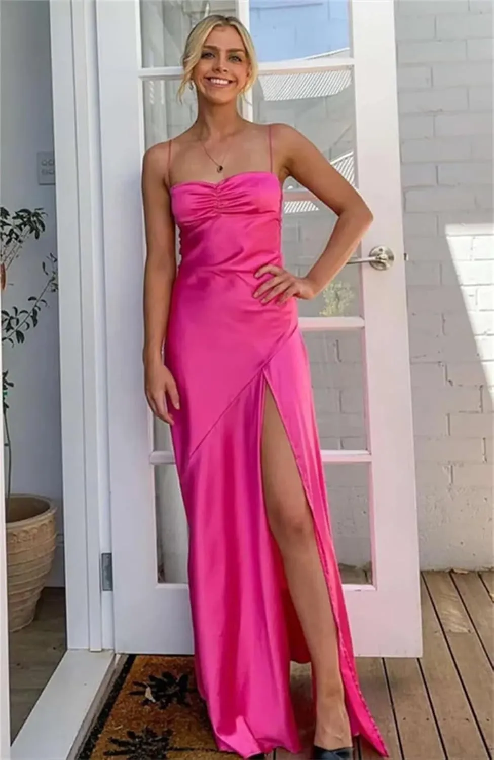 Satin Corset Prom Dresses Long Spaghetti Straps A-Line Pleated Bridesmaid Dress Formal Evening Gowns with Slit