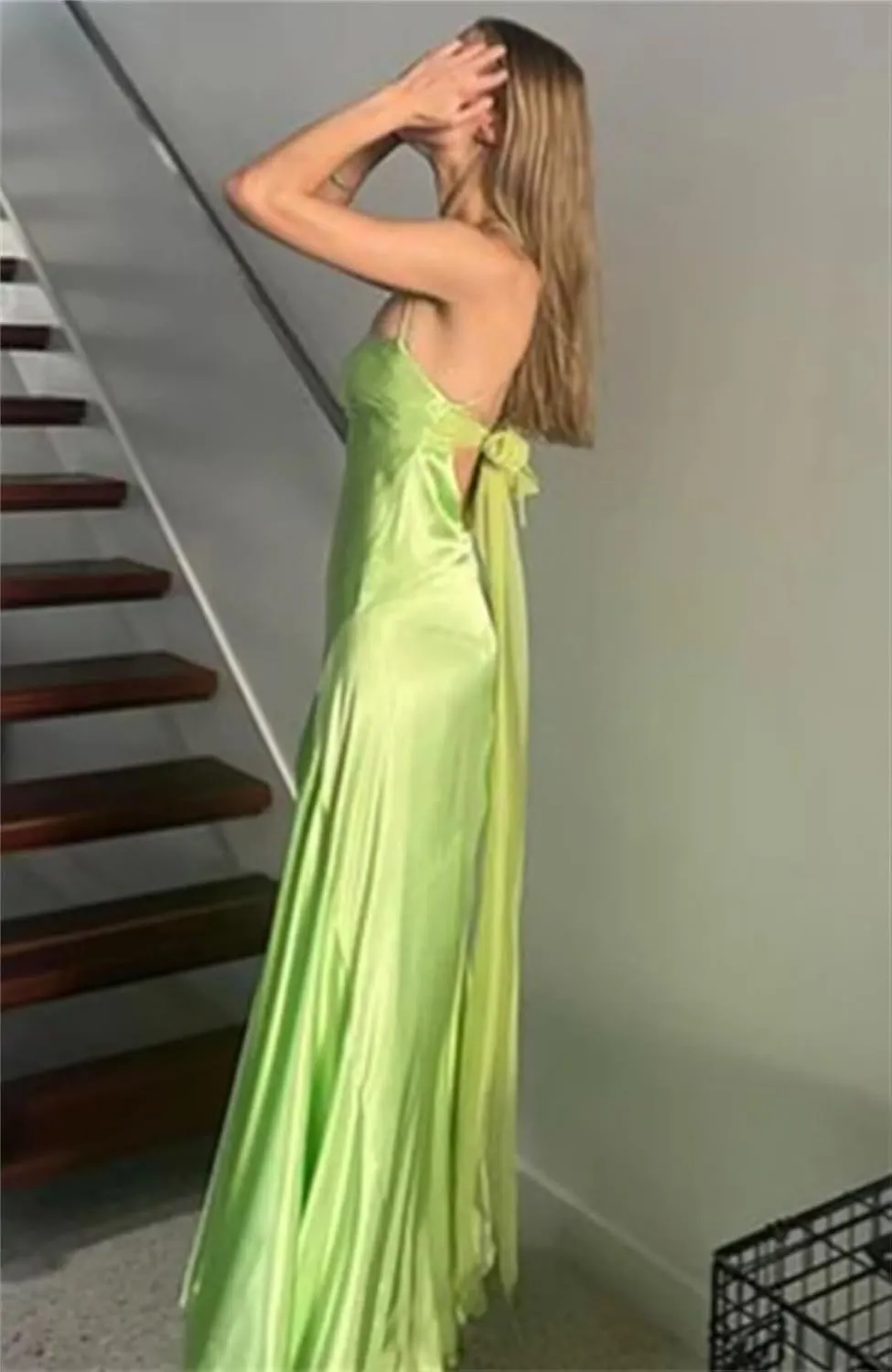 Satin Corset Prom Dresses Long Spaghetti Straps A-Line Pleated Bridesmaid Dress Formal Evening Gowns with Slit