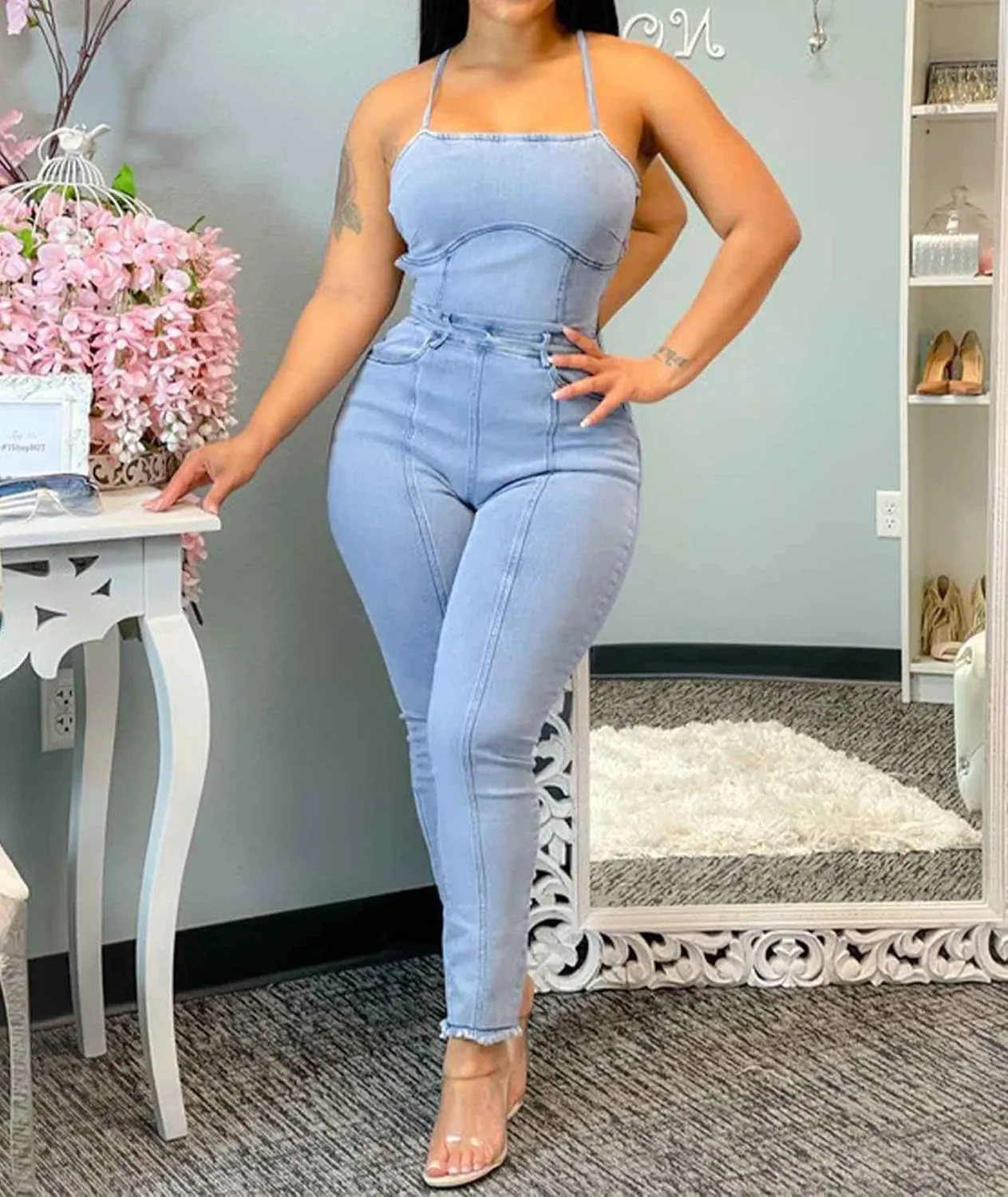 Sexyshine Women's Halter Lace Up Backless Casual Wide Leg Blue Denim Long Jumpsuit Playsuit Rompers With Belt
