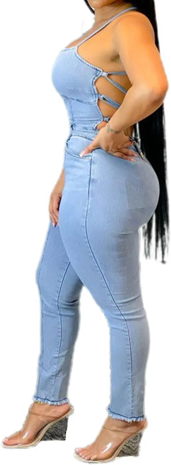 Sexyshine Women's Halter Lace Up Backless Casual Wide Leg Blue Denim Long Jumpsuit Playsuit Rompers With Belt