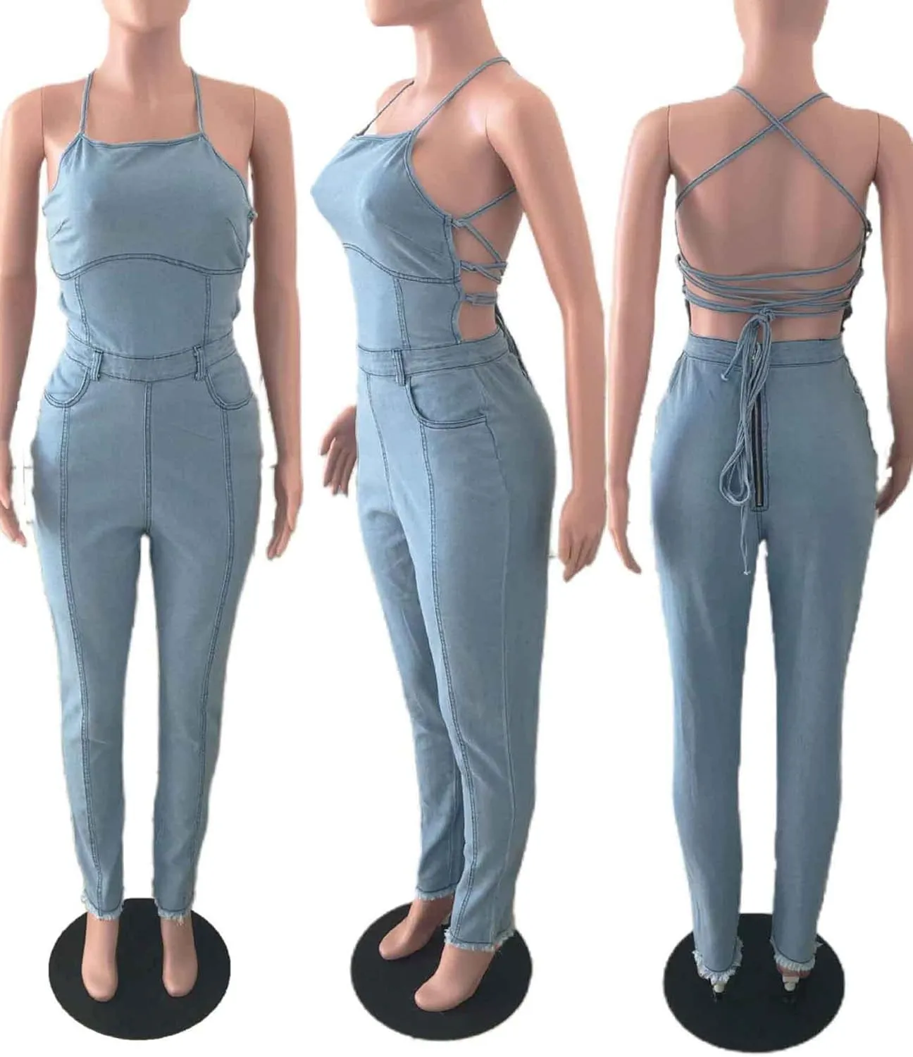 Sexyshine Women's Halter Lace Up Backless Casual Wide Leg Blue Denim Long Jumpsuit Playsuit Rompers With Belt