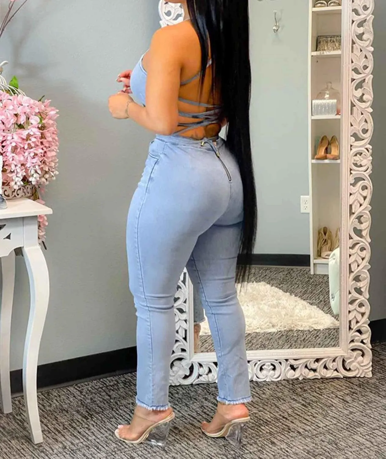 Sexyshine Women's Halter Lace Up Backless Casual Wide Leg Blue Denim Long Jumpsuit Playsuit Rompers With Belt