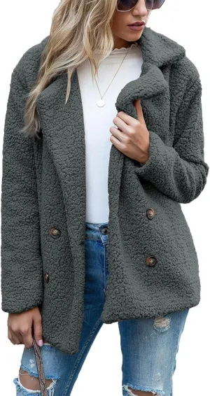 Sherpa Jacket Women Button Down Fuzzy Fleece Jacket with Pockets Winter Casual Lapel Neck Faux Fur Coat Outerwear