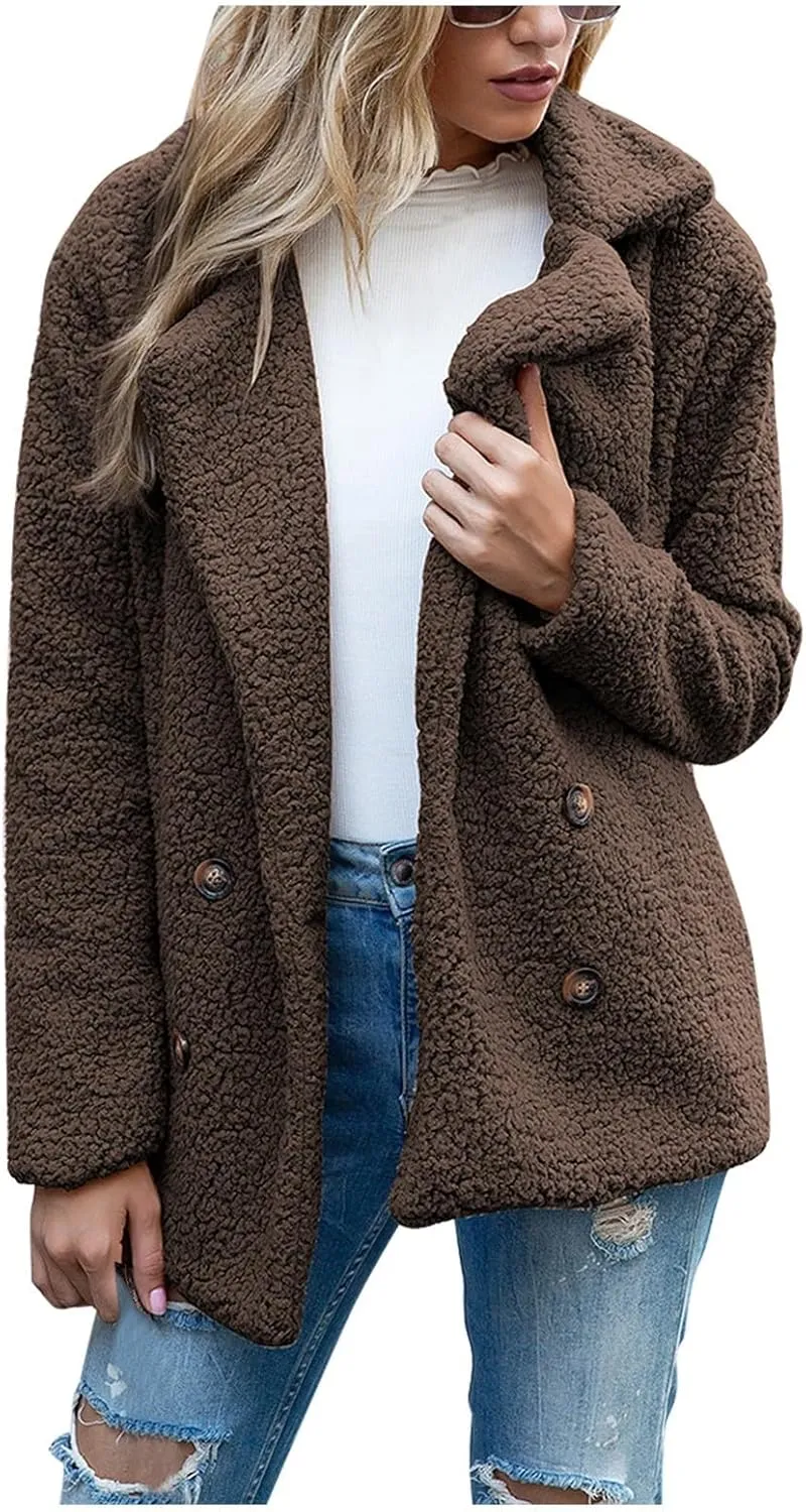 Sherpa Jacket Women Button Down Fuzzy Fleece Jacket with Pockets Winter Casual Lapel Neck Faux Fur Coat Outerwear