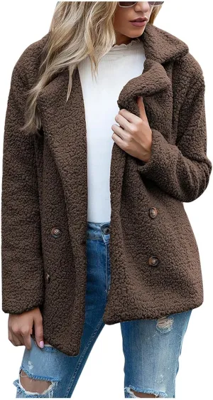 Sherpa Jacket Women Button Down Fuzzy Fleece Jacket with Pockets Winter Casual Lapel Neck Faux Fur Coat Outerwear