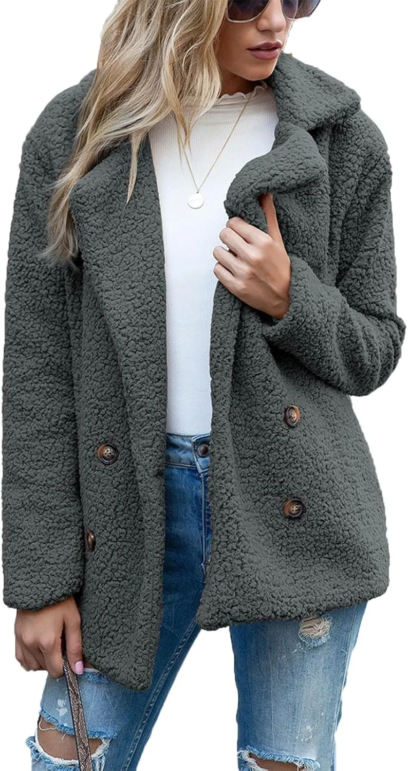 Sherpa Jacket Women Button Down Fuzzy Fleece Jacket with Pockets Winter Casual Lapel Neck Faux Fur Coat Outerwear