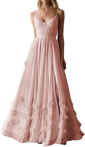 SHSUREVE Floral Print Prom Dresses for Women Ruffle Chiffon Evening Dress Tiered Long Formal Gowns with Slit