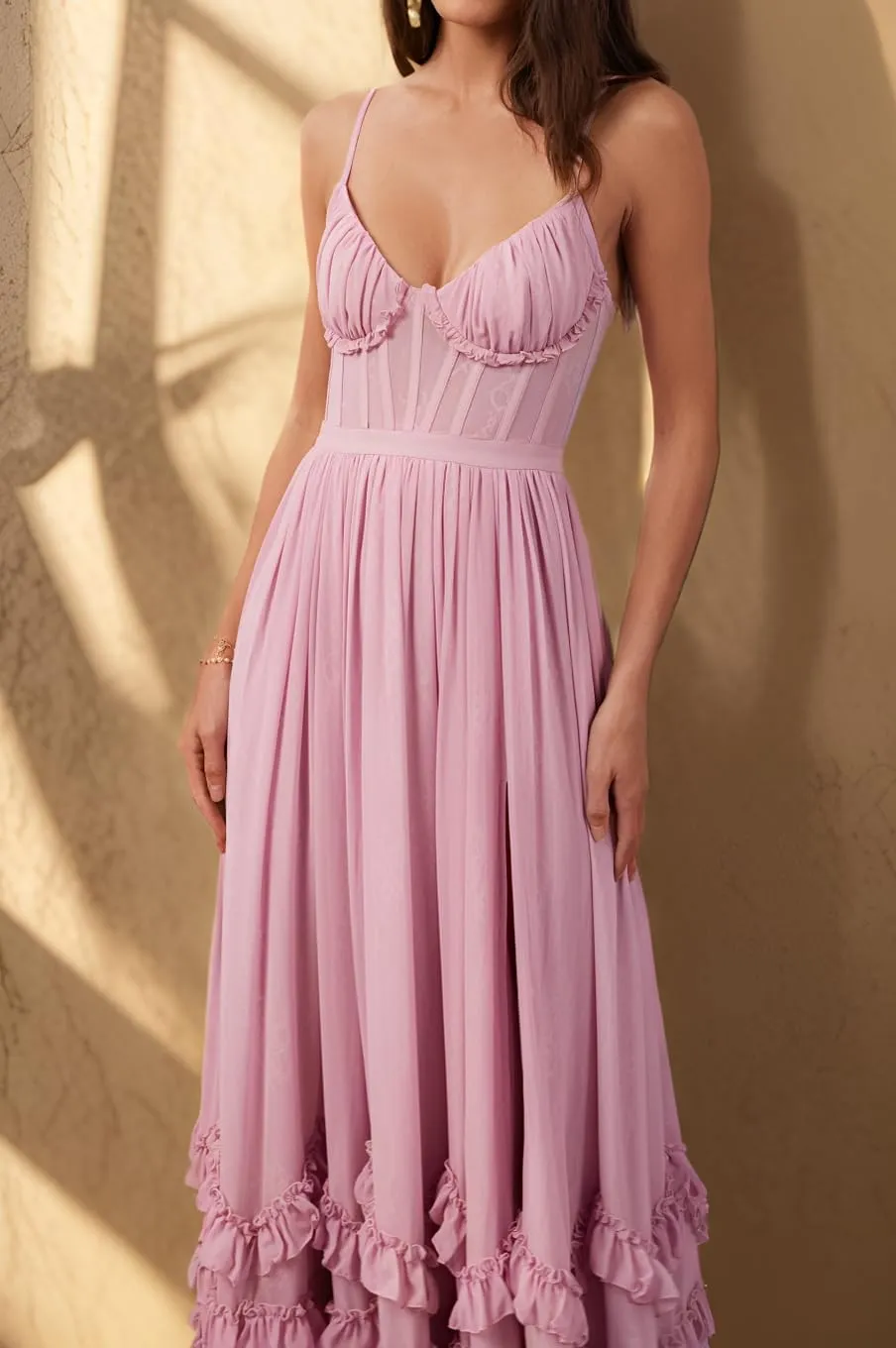 SHSUREVE Floral Print Prom Dresses for Women Ruffle Chiffon Evening Dress Tiered Long Formal Gowns with Slit