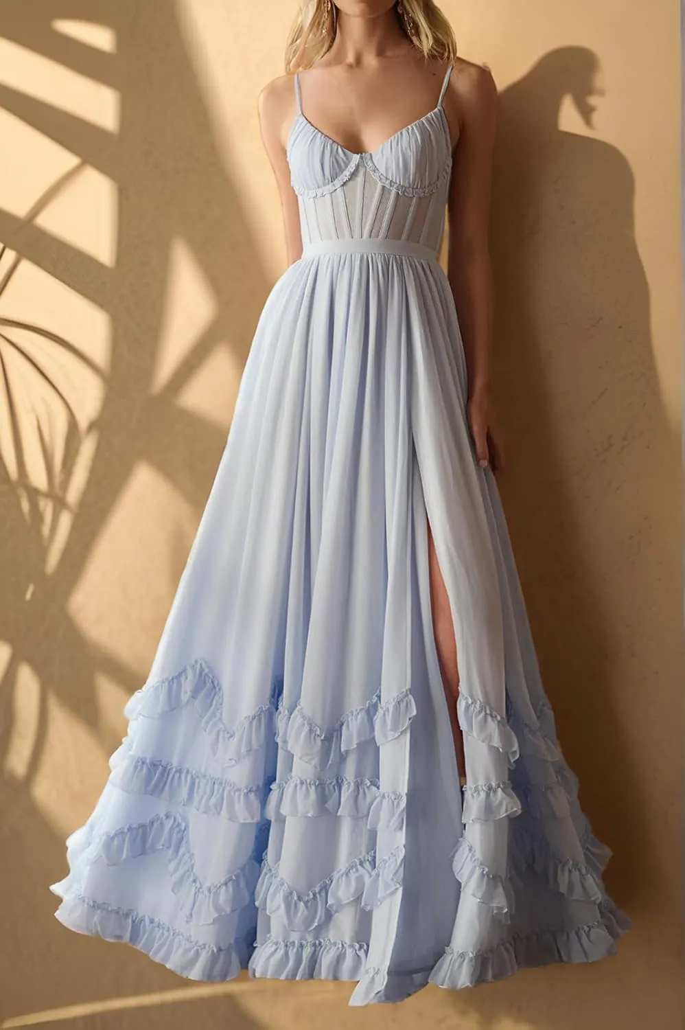 SHSUREVE Floral Print Prom Dresses for Women Ruffle Chiffon Evening Dress Tiered Long Formal Gowns with Slit