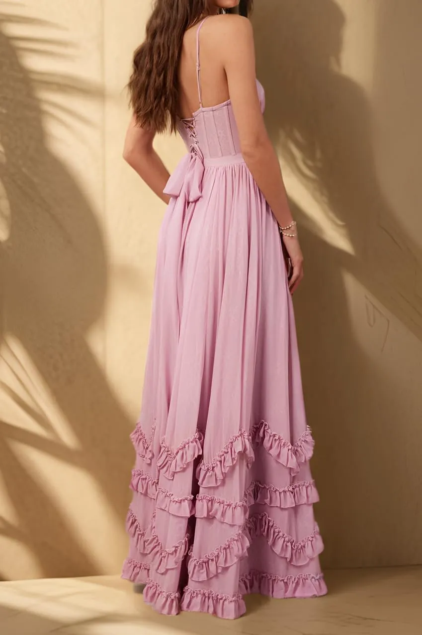 SHSUREVE Floral Print Prom Dresses for Women Ruffle Chiffon Evening Dress Tiered Long Formal Gowns with Slit