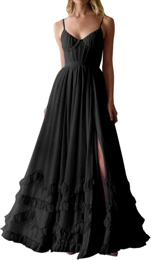 SHSUREVE Floral Print Prom Dresses for Women Ruffle Chiffon Evening Dress Tiered Long Formal Gowns with Slit