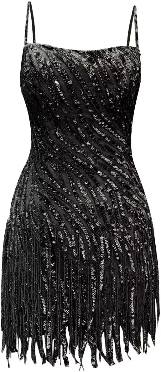 Sparkly Sequin Homecoming Dresses Spaghetti Straps Tight Short Cocktail Party Dress with Tassels for Teens