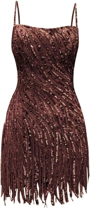 Sparkly Sequin Homecoming Dresses Spaghetti Straps Tight Short Cocktail Party Dress with Tassels for Teens