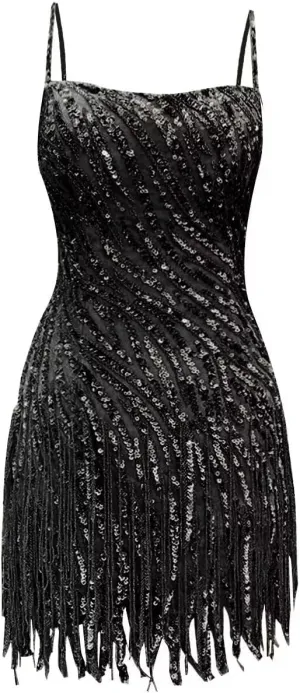Sparkly Sequin Homecoming Dresses Spaghetti Straps Tight Short Cocktail Party Dress with Tassels for Teens