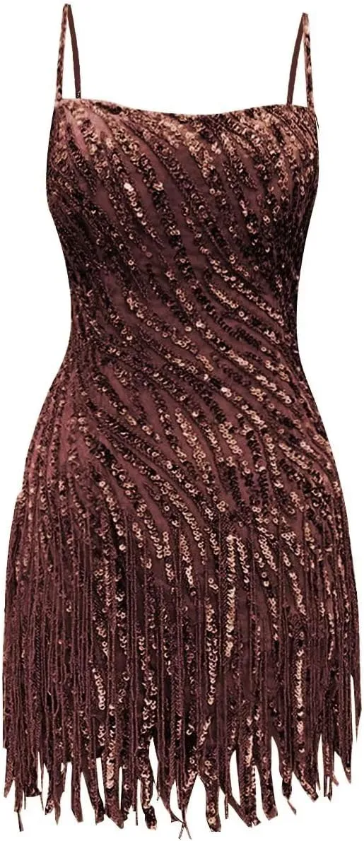 Sparkly Sequin Homecoming Dresses Spaghetti Straps Tight Short Cocktail Party Dress with Tassels for Teens