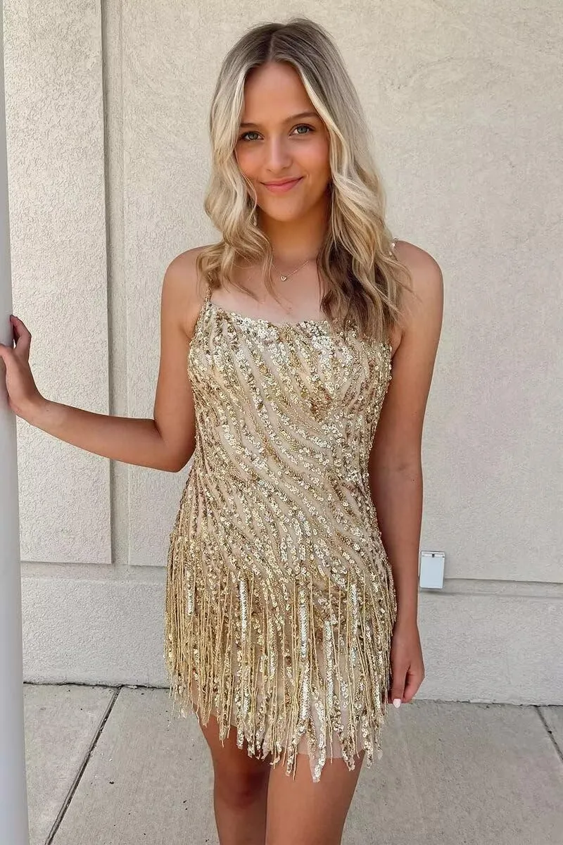 Sparkly Sequin Homecoming Dresses Spaghetti Straps Tight Short Cocktail Party Dress with Tassels for Teens