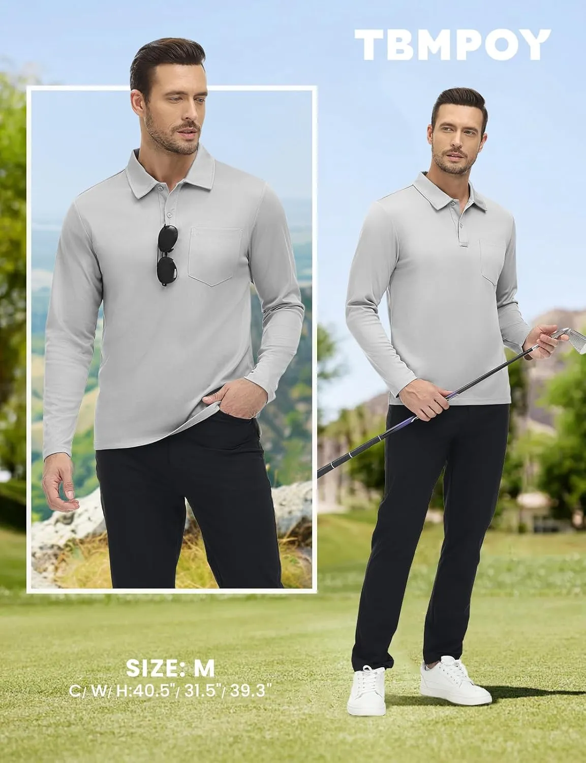 TBMPOY Men's Polo Shirts with Pocket Golf Long Sleeve Quick Dry Lightweight Collared Stylish Moisture Wicking Business Tennis