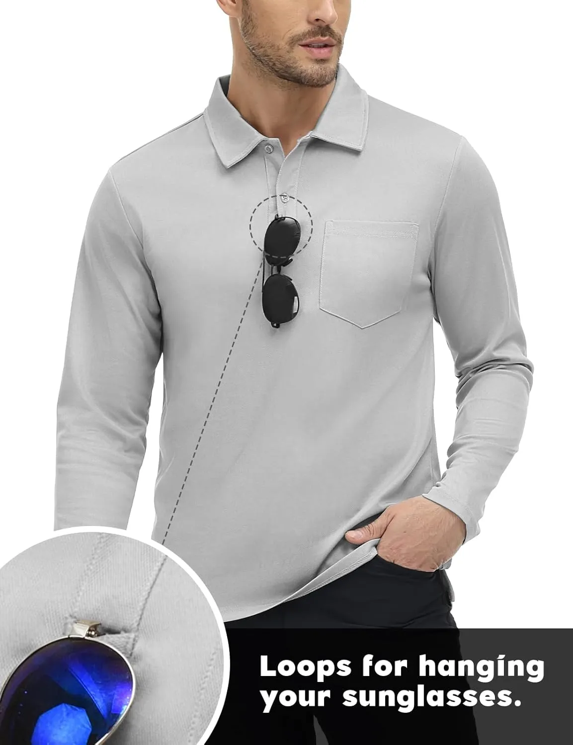 TBMPOY Men's Polo Shirts with Pocket Golf Long Sleeve Quick Dry Lightweight Collared Stylish Moisture Wicking Business Tennis