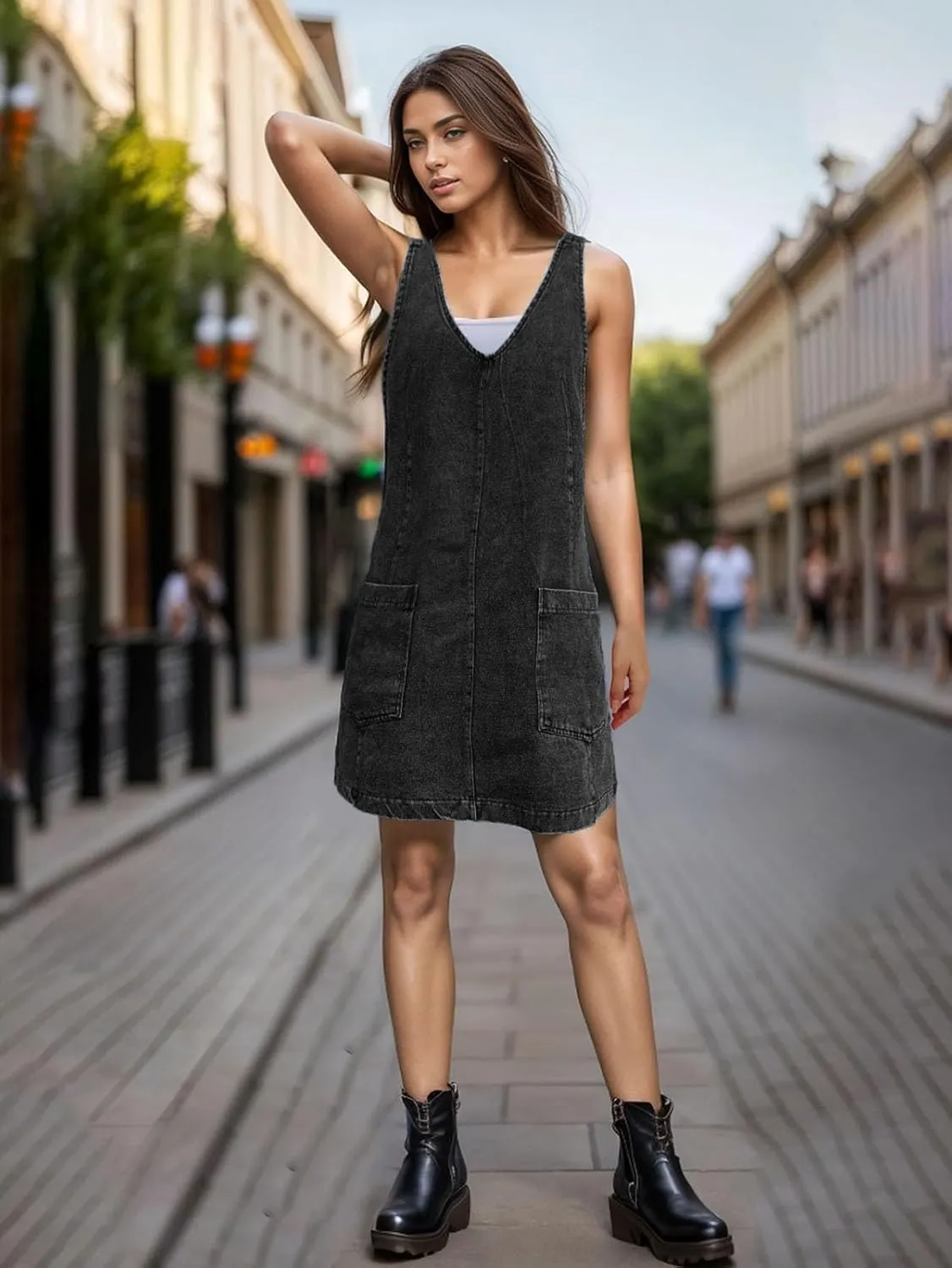 Viatabuna Denim Overall Dress for Women Sleeveless V Neck Adjustable Strap Mini Jean Jumper Dress with Pockets Summer Beach
