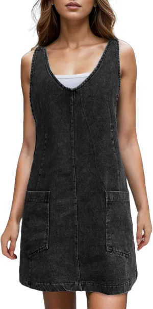 Viatabuna Denim Overall Dress for Women Sleeveless V Neck Adjustable Strap Mini Jean Jumper Dress with Pockets Summer Beach