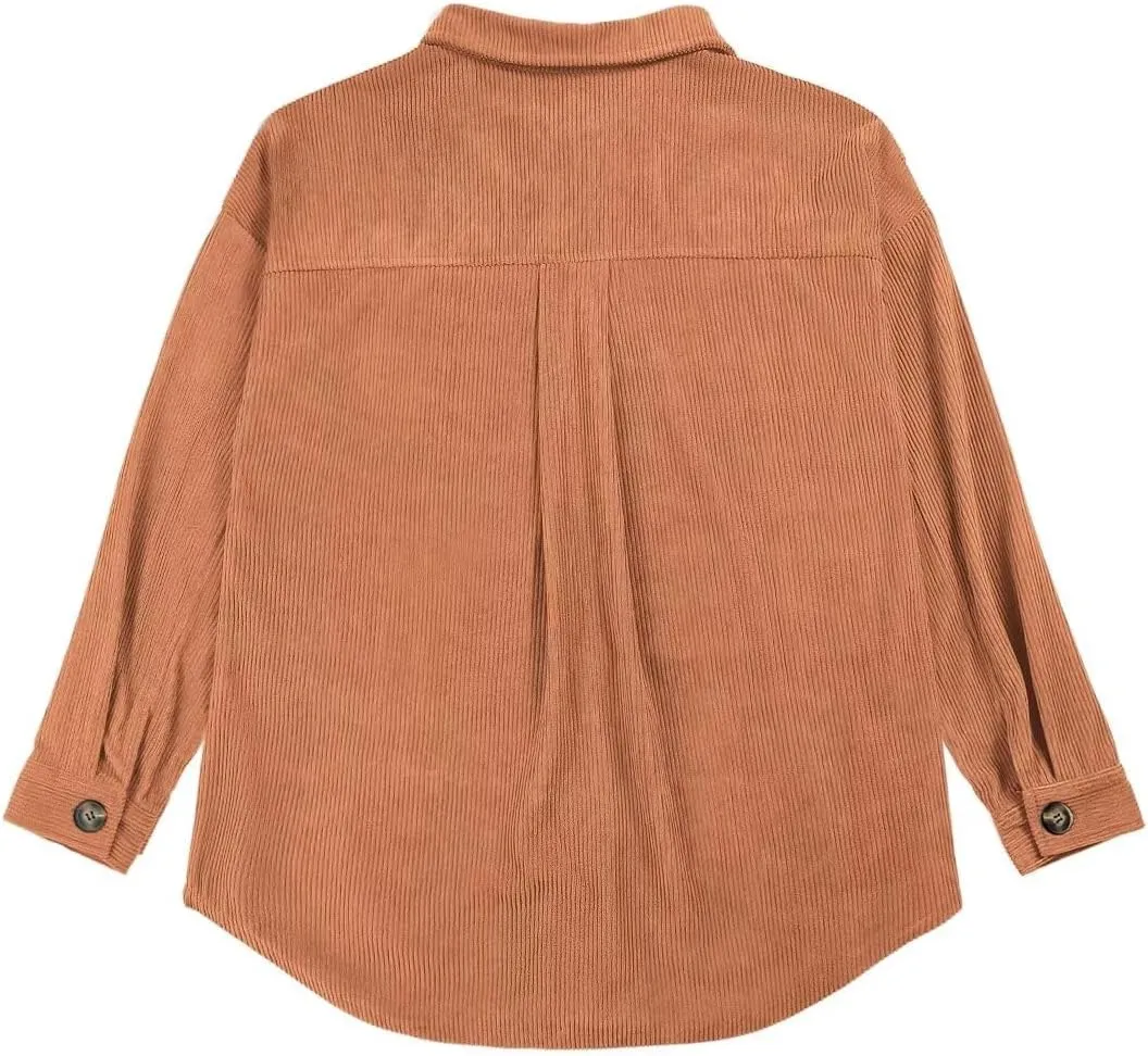 VICHYIE Womens Corduroy Shacket Blouses Button Down Shirts Pocket Long Sleeves Tops Jacket Coats