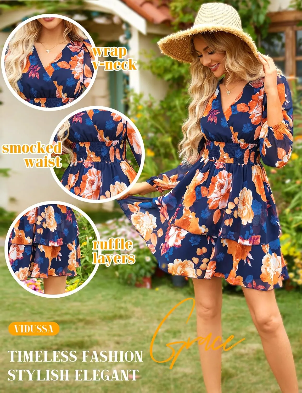 VIDUSSA Women's Floral Print V-Neck Mini Dress Chiffon Long Sleeve Ruffle Layer Skater Swing Flowy Wrap Smocked Short Dresses