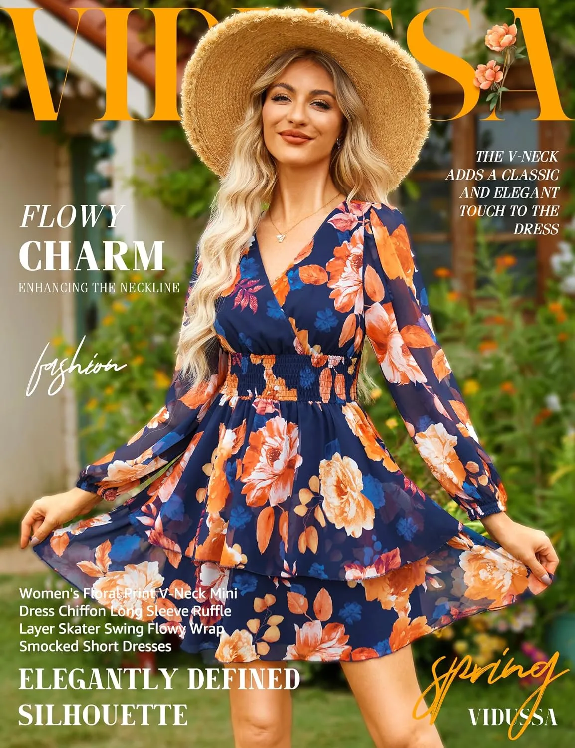 VIDUSSA Women's Floral Print V-Neck Mini Dress Chiffon Long Sleeve Ruffle Layer Skater Swing Flowy Wrap Smocked Short Dresses