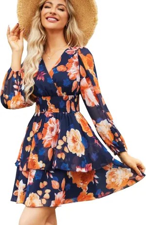 VIDUSSA Women's Floral Print V-Neck Mini Dress Chiffon Long Sleeve Ruffle Layer Skater Swing Flowy Wrap Smocked Short Dresses