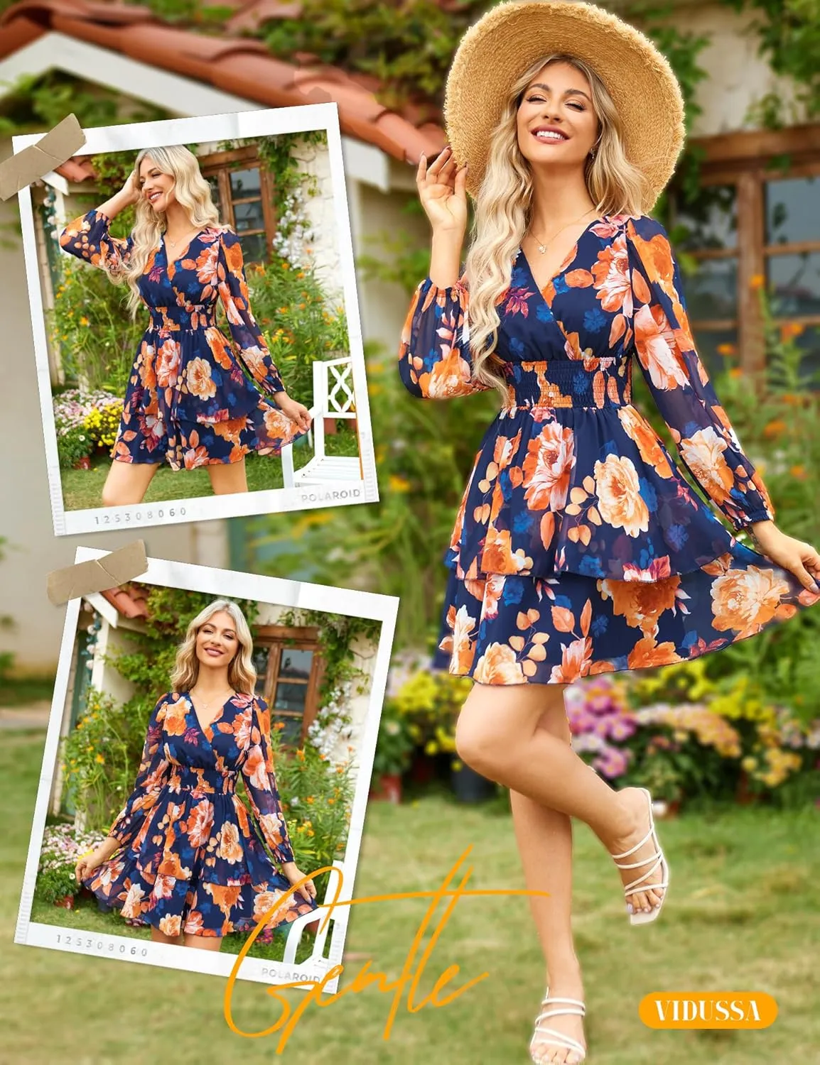 VIDUSSA Women's Floral Print V-Neck Mini Dress Chiffon Long Sleeve Ruffle Layer Skater Swing Flowy Wrap Smocked Short Dresses
