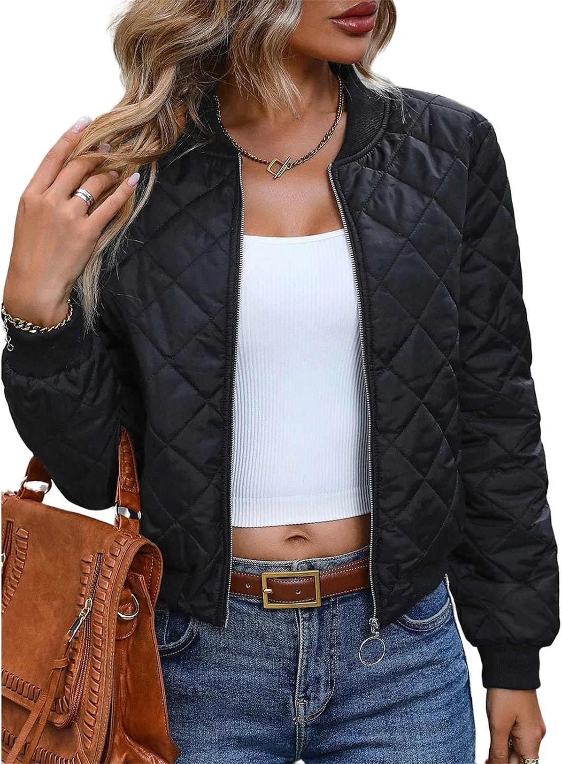 Women's Bomber Quilted Jacket Casual Zip Up Coat Windbreaker Outerwear with Pockets